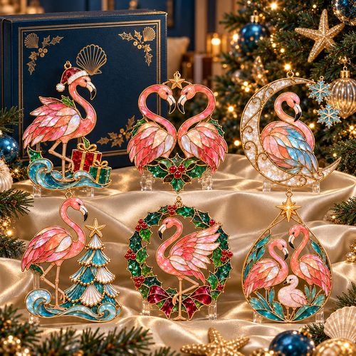 🦩 Coastal Christmas Flamingo Ornaments – Vintage Stained-Glass Style🎄