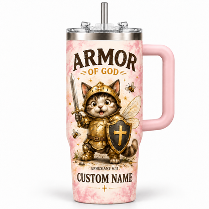 Personalized Armor of God Cat Tumbler – Custom Name Christian Gift