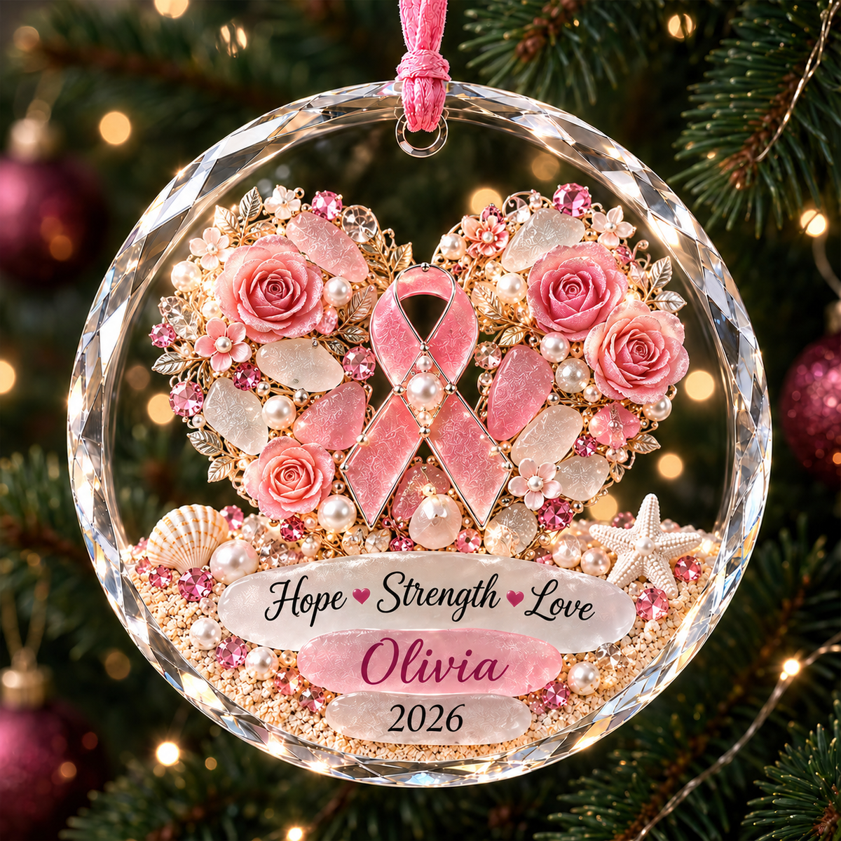 🎀 Personalized Breast Cancer Fighter Crystal Christmas Ornament