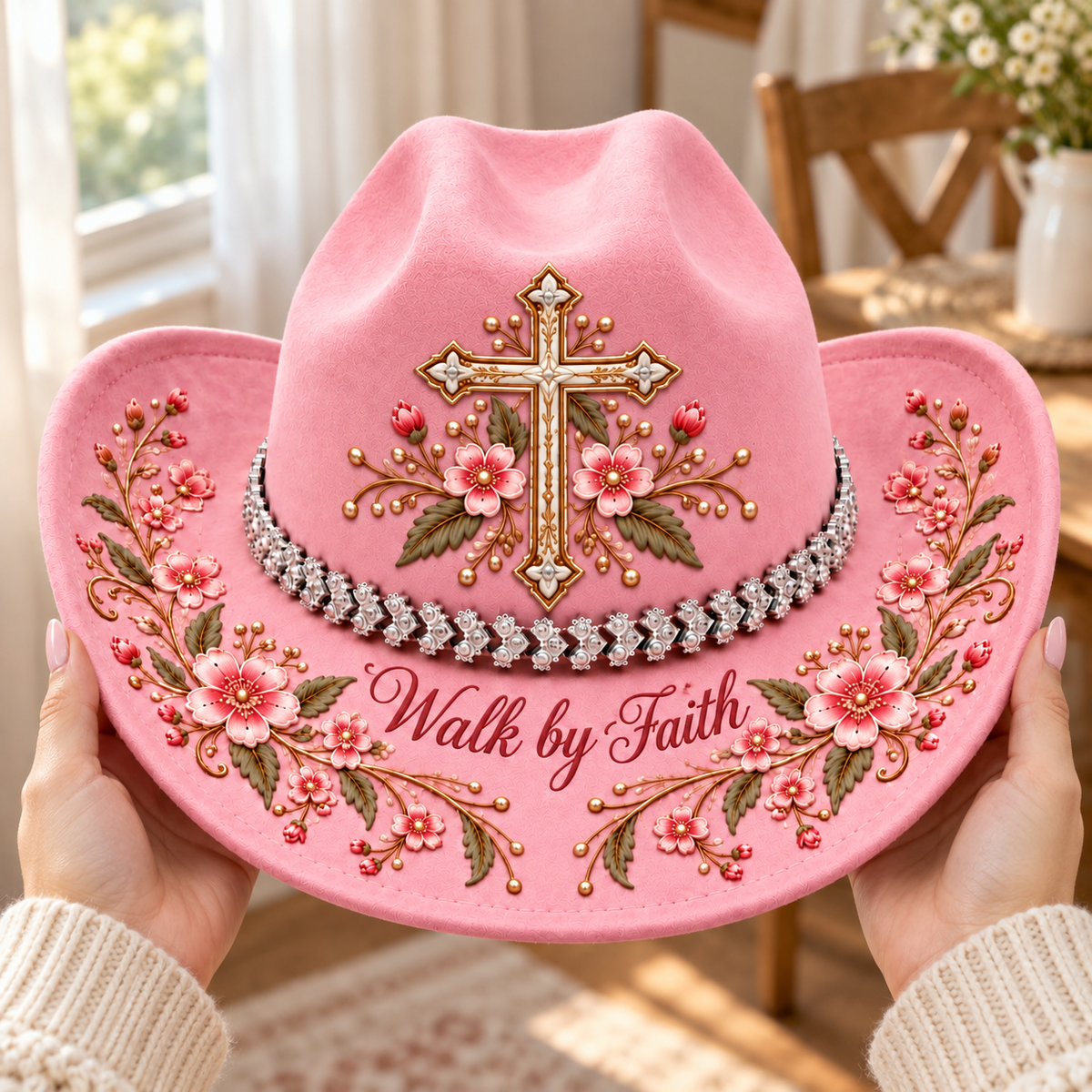 Walk by Faith 🌸 Women’s Pink Floral Cross Cowboy Hat