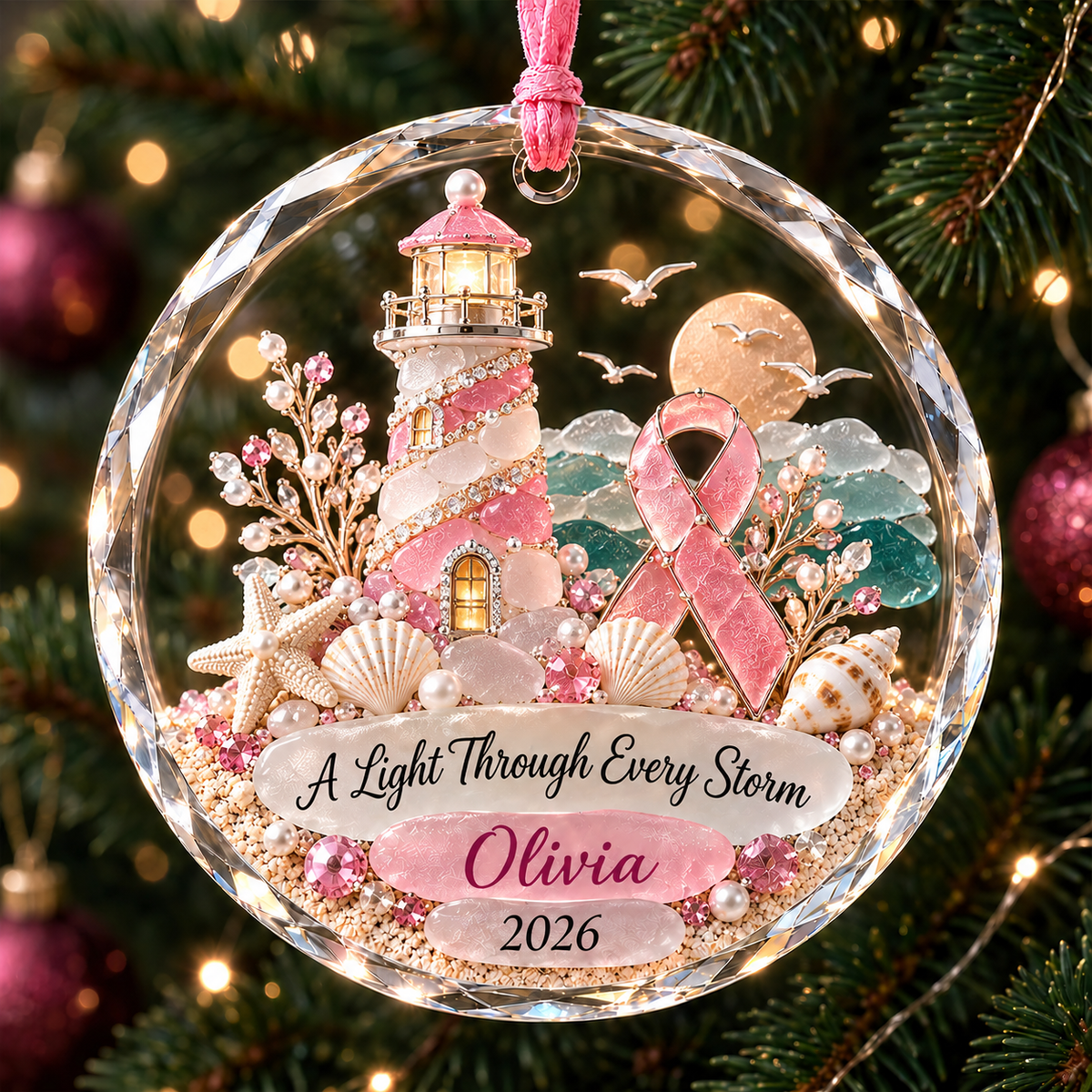 🎀 Personalized Breast Cancer Fighter Crystal Christmas Ornament
