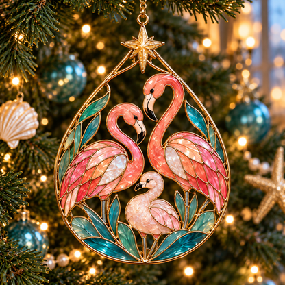 🦩 Coastal Christmas Flamingo Ornaments – Vintage Stained-Glass Style🎄