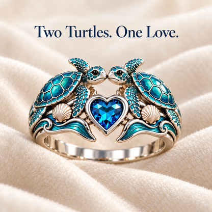 🐢💙Double Sea Turtle Blue Heart Ring – Two Turtles, One Love