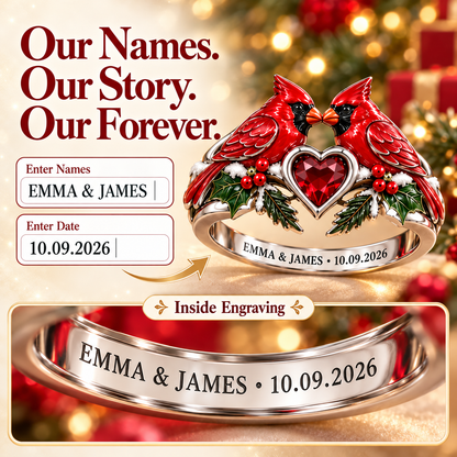 💞Personalized Double Cardinal Heart Ring – Engraved Names & Date🐦