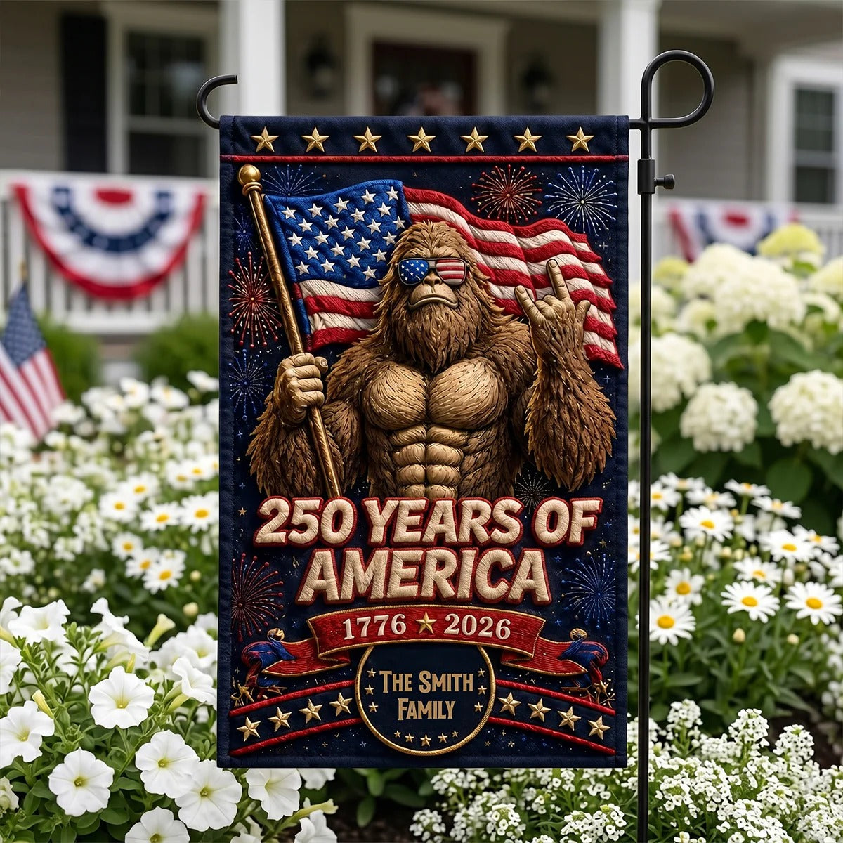 250th Anniversary Bigfoot Garden Flag – Custom Family Name