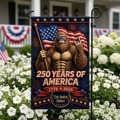 250th Anniversary Bigfoot Garden Flag – Custom Family Name