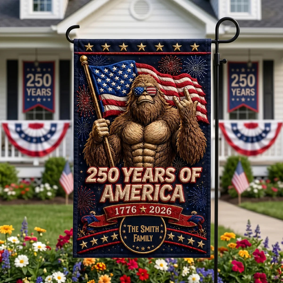 250th Anniversary Bigfoot Garden Flag – Custom Family Name