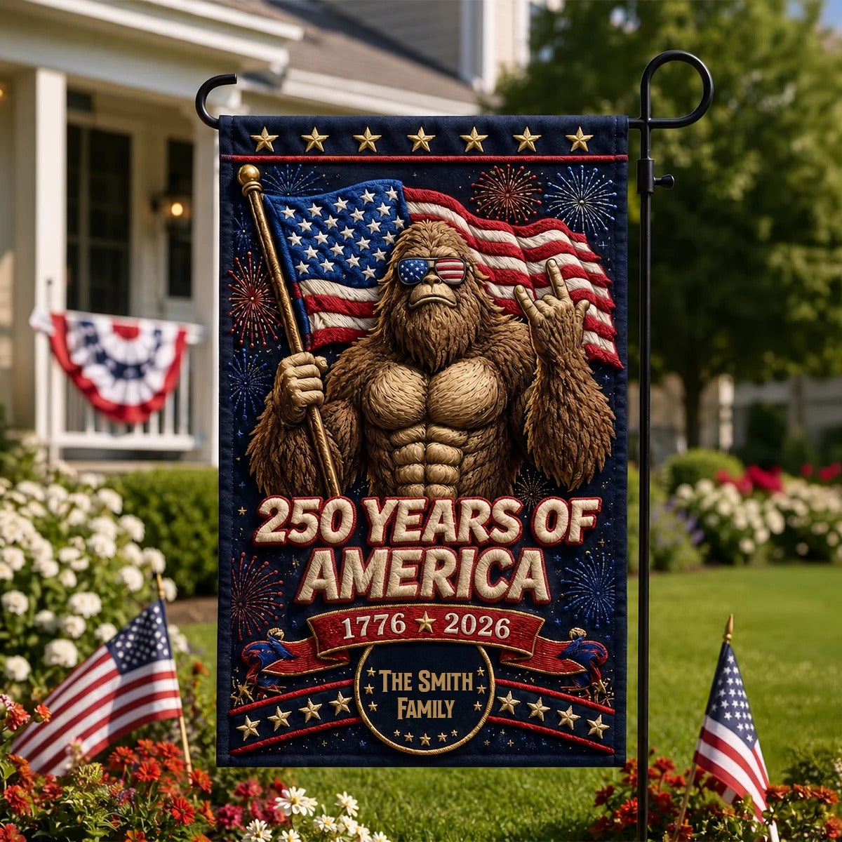 250th Anniversary Bigfoot Garden Flag – Custom Family Name