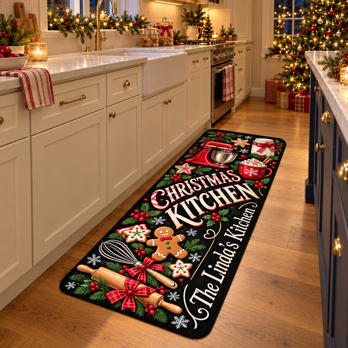 Personalized Christmas Kitchen Mat – Custom Name Holiday Anti-Fatigue Rug 🎄🍪