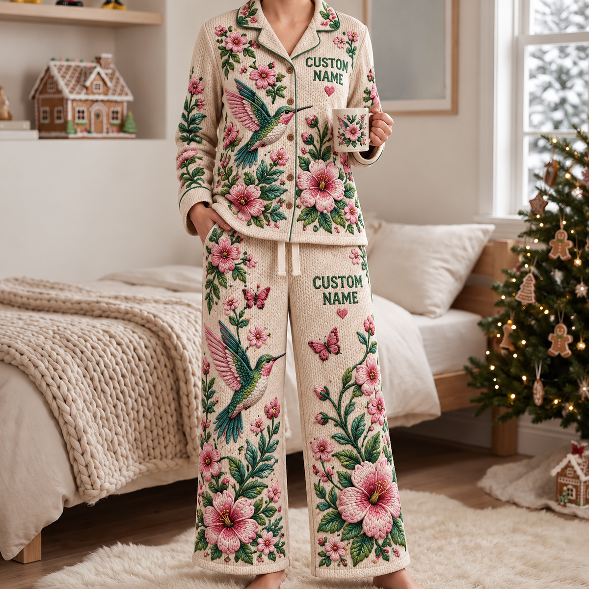Personalized Hummingbird Floral Pajama Set – Custom Name Cozy Button-Up Lounge Set 💗