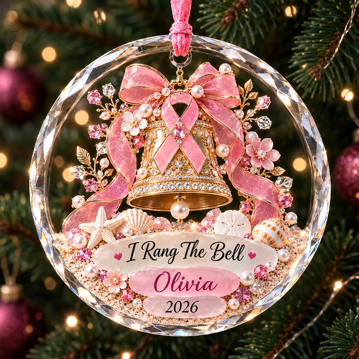 🎀 Personalized Breast Cancer Fighter Crystal Christmas Ornament