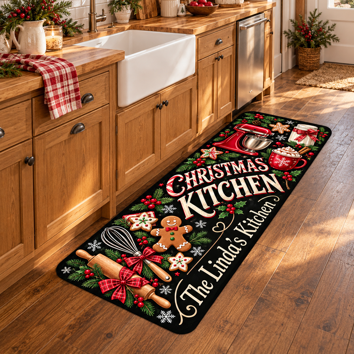 Personalized Christmas Kitchen Mat – Custom Name Holiday Anti-Fatigue Rug 🎄🍪