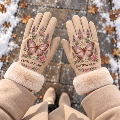 🦋 Personalized Floral Winter Gloves – Custom Name & Cozy Plush Cuffs