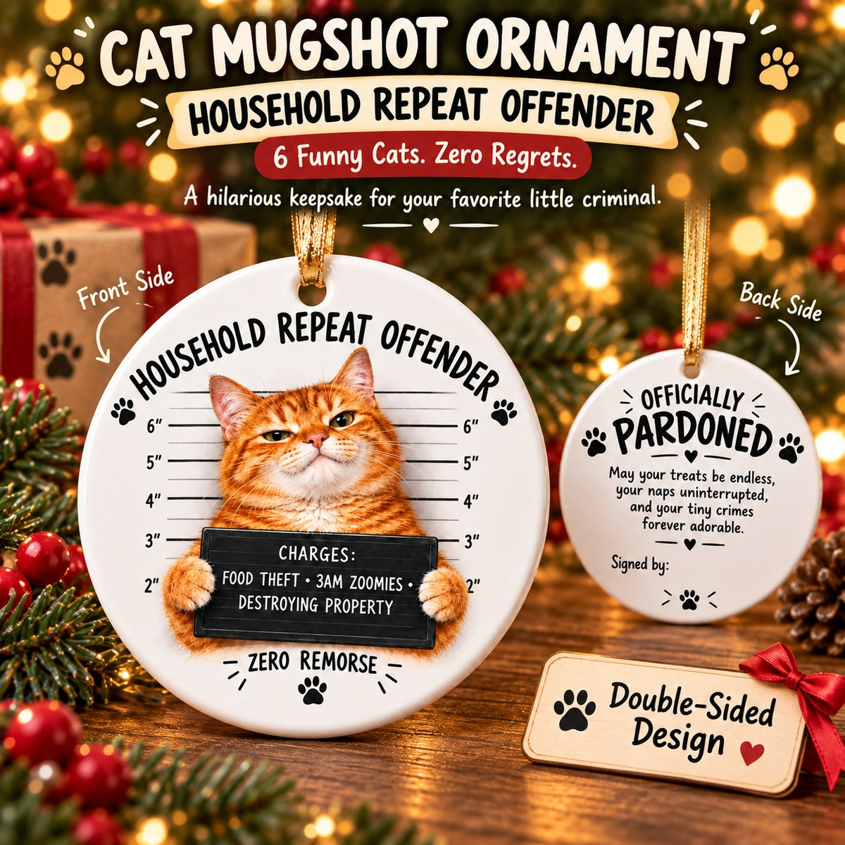 😼Customizable Name Cat Mugshot Ornament Collection