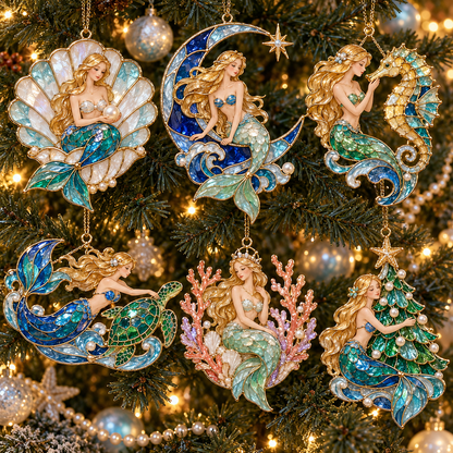 Ocean Enchantment – Vintage Stained-Glass Style Mermaid Christmas Ornaments, Set of 6