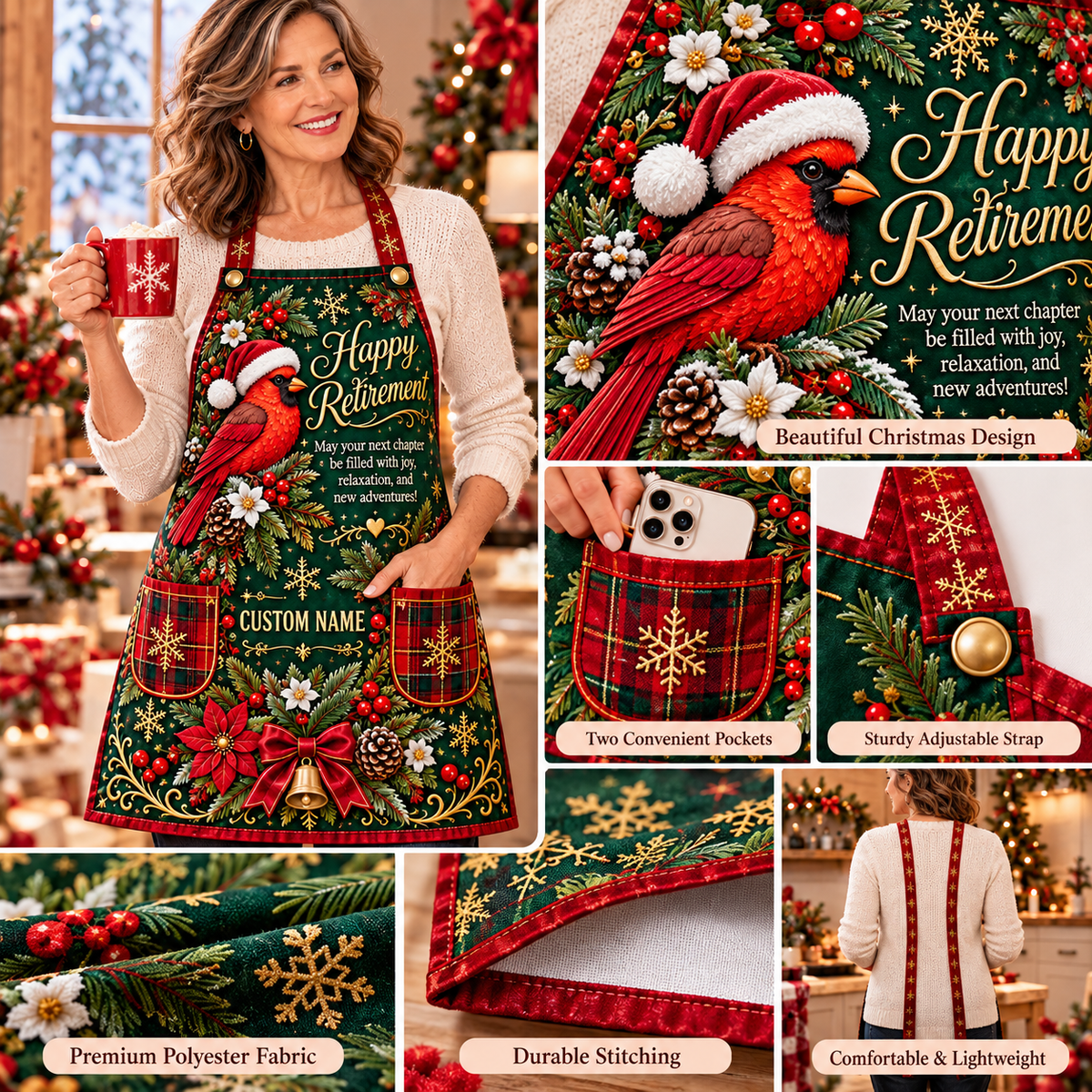 Personalized Happy Retirement Cardinal Christmas Kitchen Apron 🎄