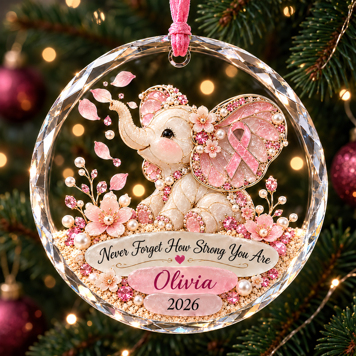 🎀 Personalized Pink Ribbon Animal Ornament