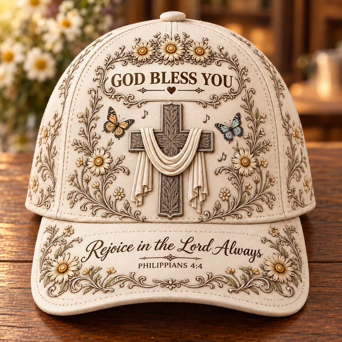God Bless You Floral Cross Baseball Cap – Bible Verse Christian Gift