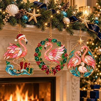 🦩 Coastal Christmas Flamingo Ornaments – Vintage Stained-Glass Style🎄