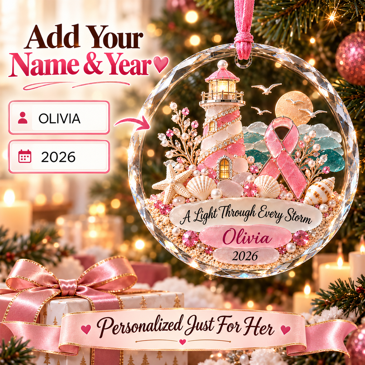 🎀 Personalized Breast Cancer Fighter Crystal Christmas Ornament