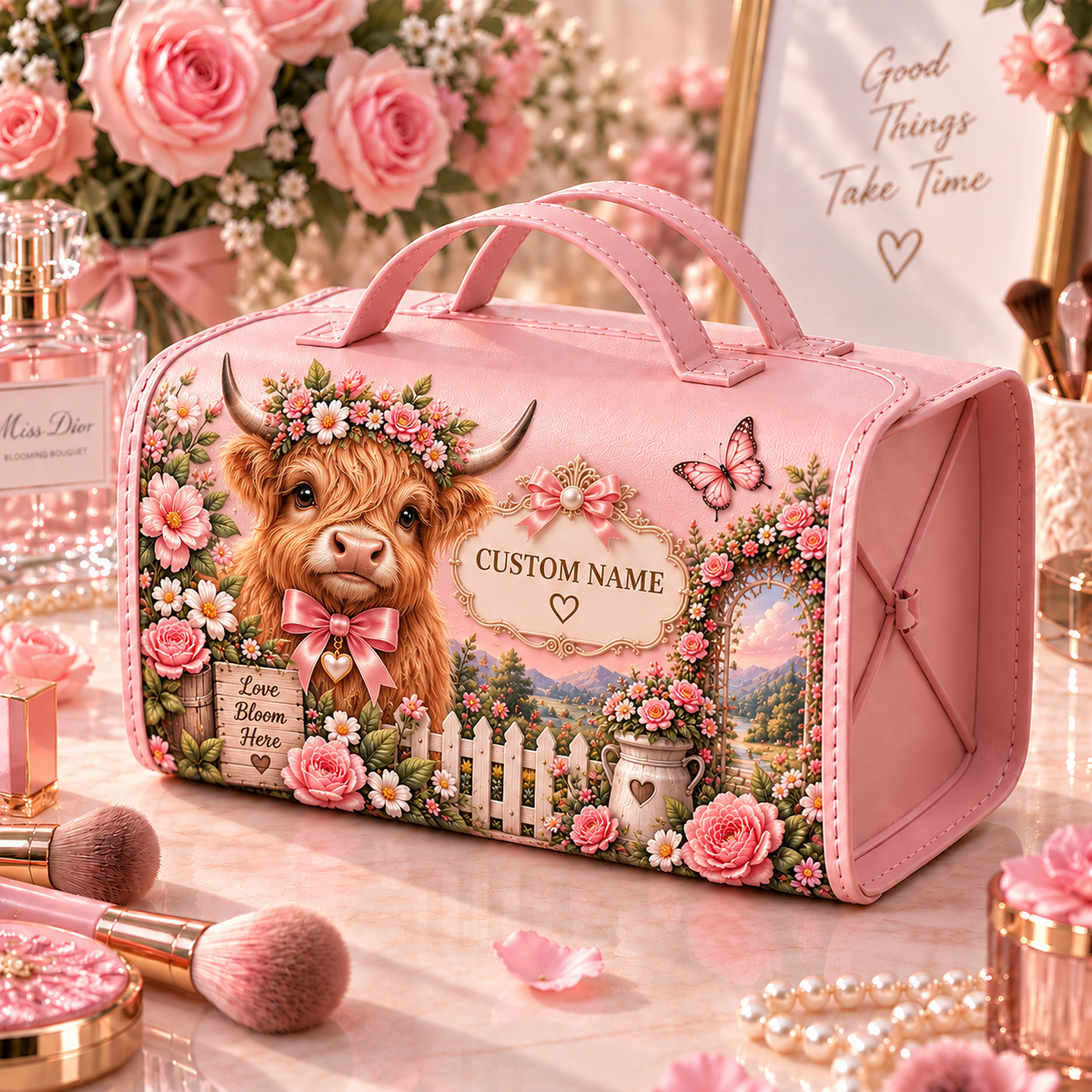 🌸 Personalized Pink Garden Animals Makeup Organizer Bag with Large Capacity Compartments