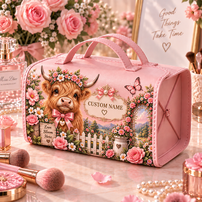 🌸 Personalized Pink Garden Animals Makeup Organizer Bag with Large Capacity Compartments
