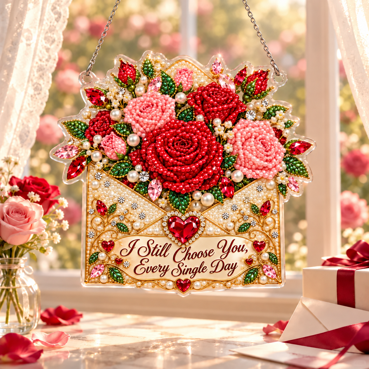 Romantic Valentine’s Day Suncatcher Pearl & Jewel-Style Love Window Hanging Ornament 💖