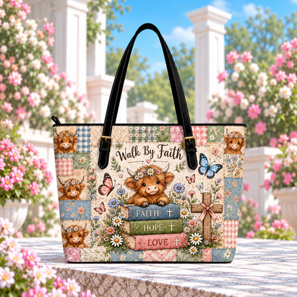 ✝️🐮 Walk By Faith Highland Cow Tote Bag – Floral Patchwork Print Shoulder Bag