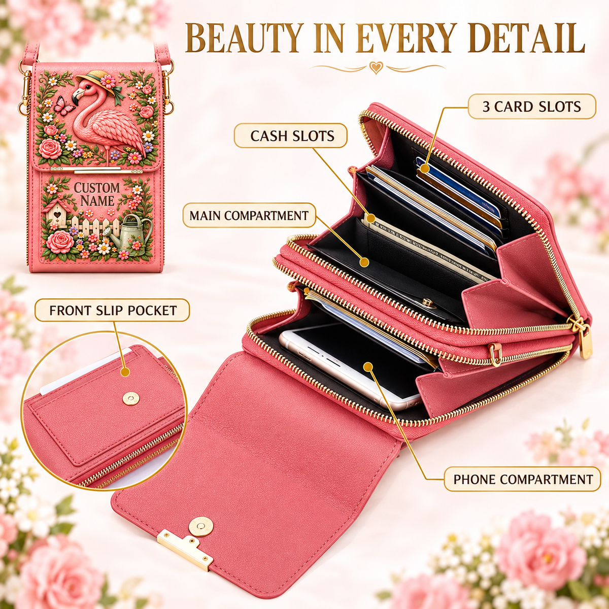 🌸 Personalized Floral Touchscreen Phone Crossbody Bag