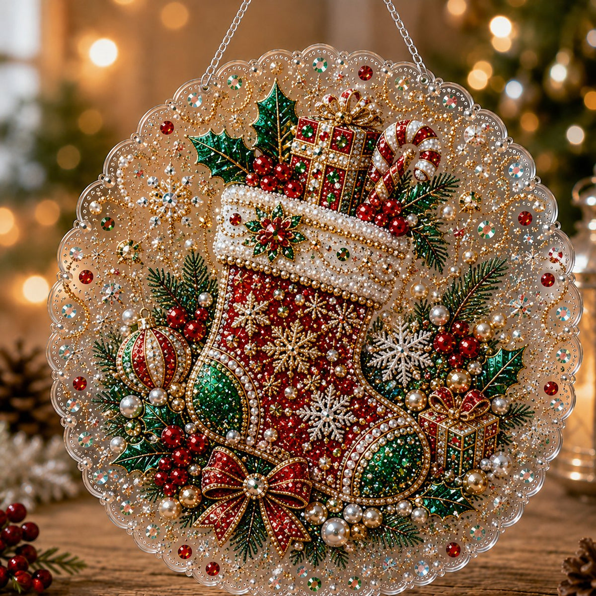 🔥Last Day 49% OFF - ✨ Christmas Pearl Diamond Art Hanging Ornament Kit | Luxury Flocked Canvas with Scratch-Resistant Non-Fading Pearl Beads DIY Handmade Holiday Hanging Decor 🎅💎