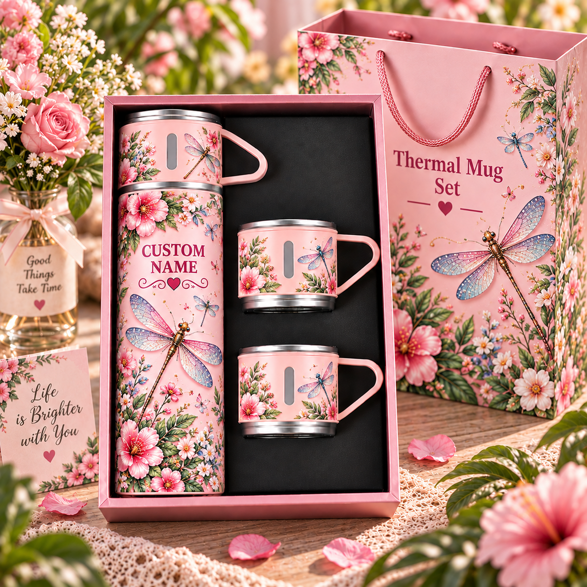 🌸 Personalized Floral Garden Thermal Bottle & Cup Gift Set