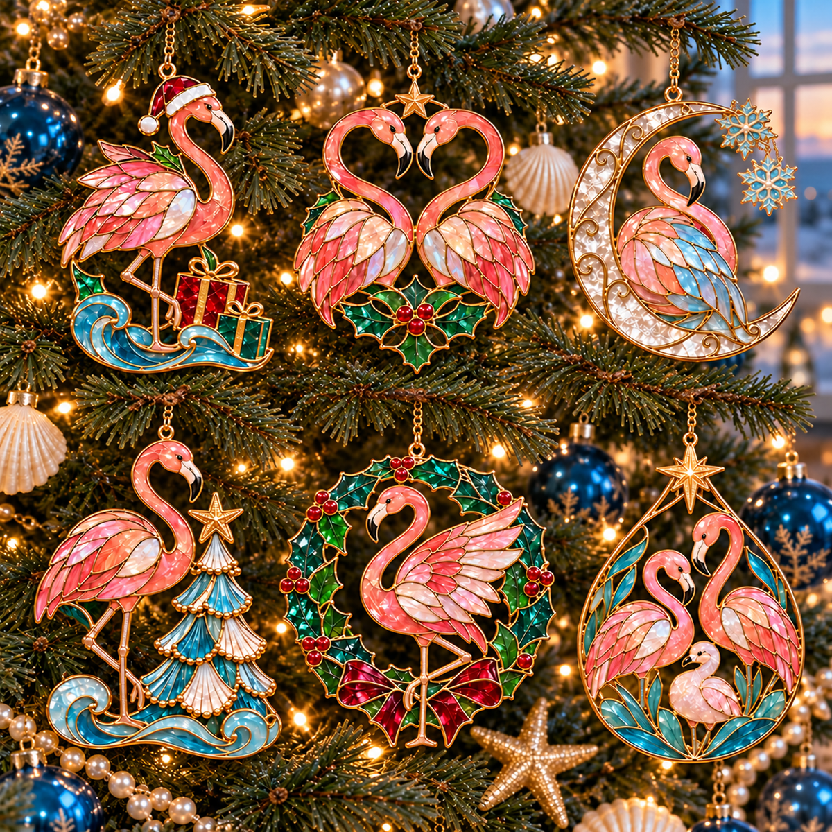 🦩 Coastal Christmas Flamingo Ornaments – Vintage Stained-Glass Style🎄