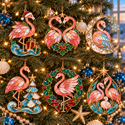 🦩 Coastal Christmas Flamingo Ornaments – Vintage Stained-Glass Style🎄