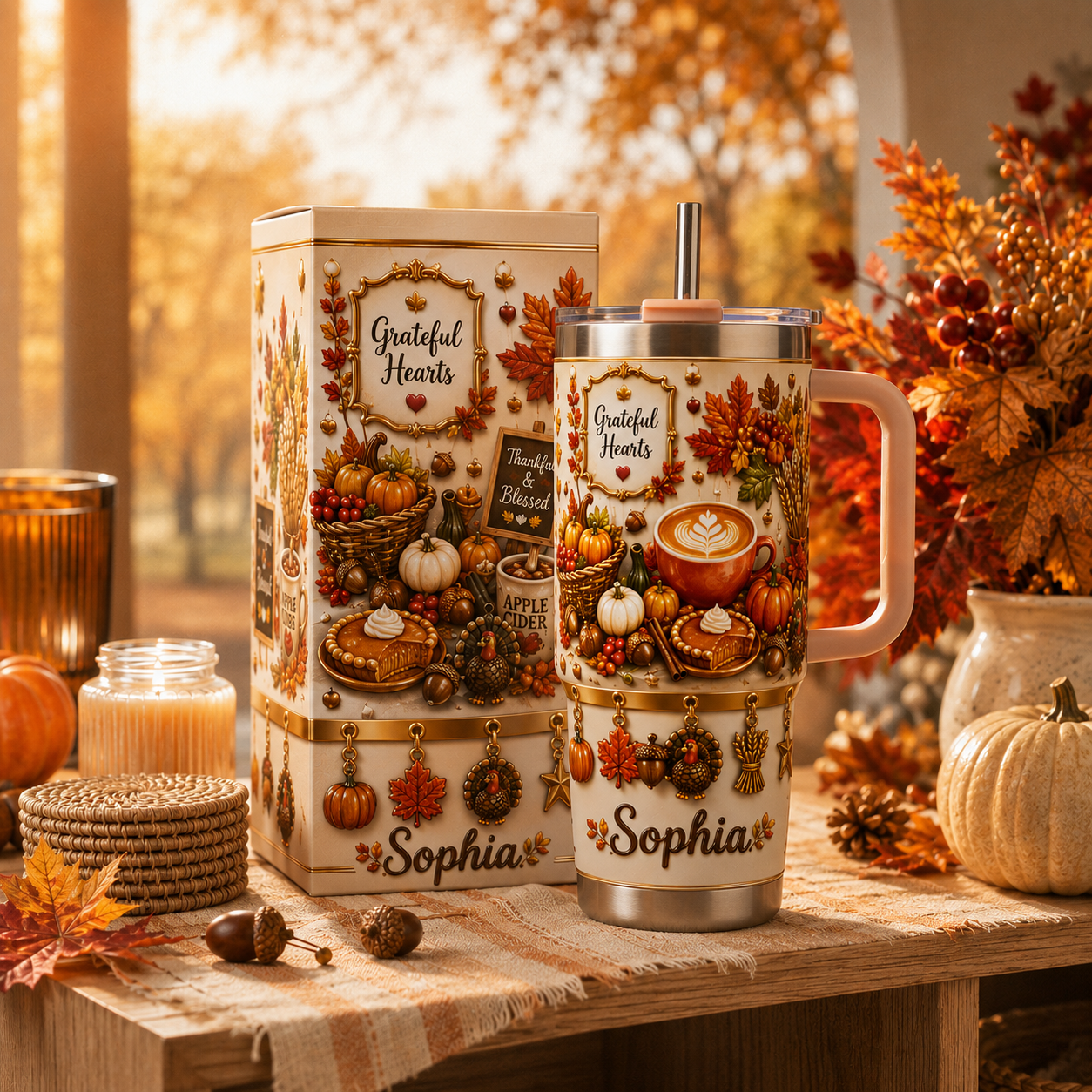 🍁 Personalized Grateful Hearts Tumbler – Cozy Fall Sips Made Special