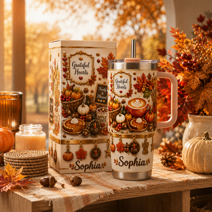 🍁 Personalized Grateful Hearts Tumbler – Cozy Fall Sips Made Special