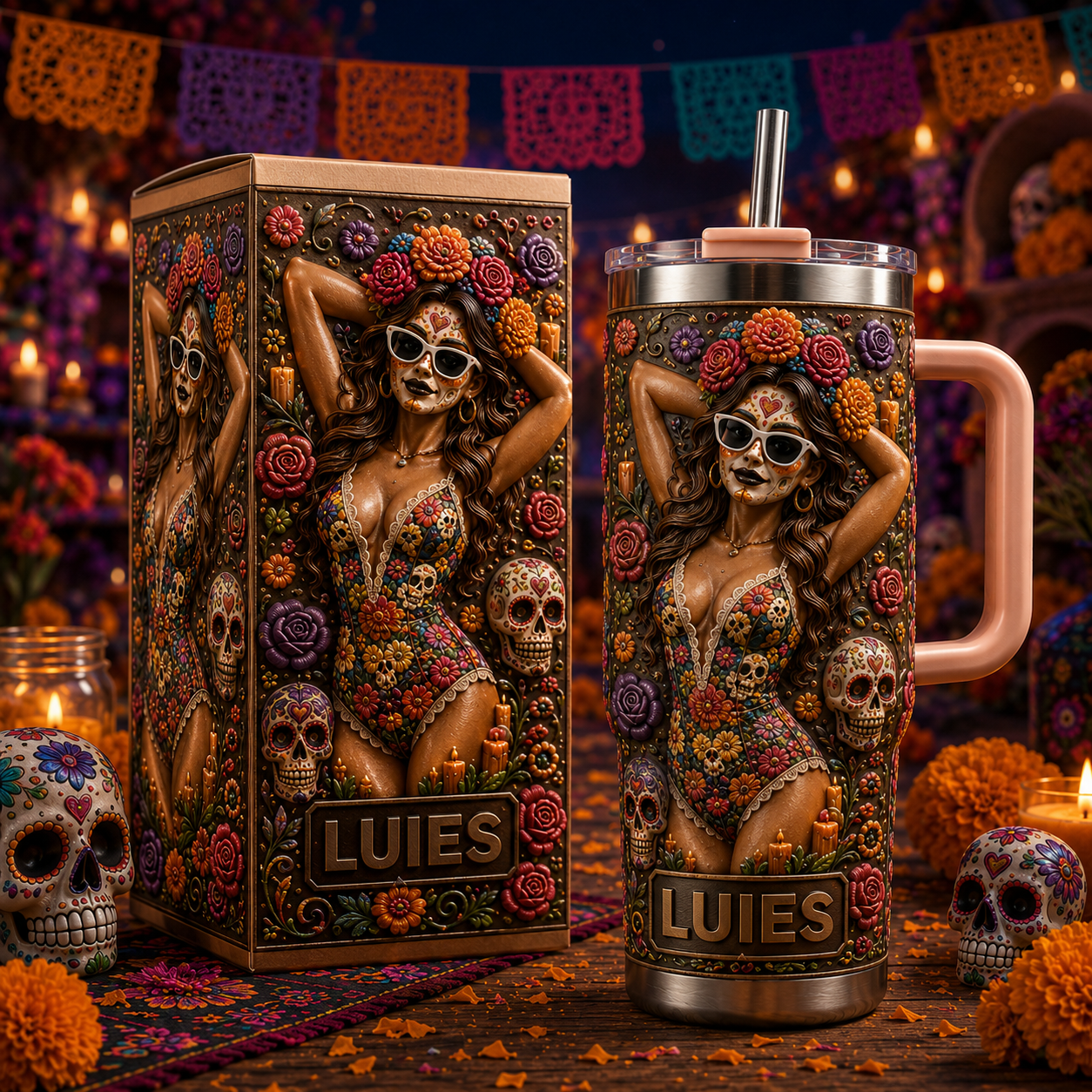 💀Personalized Sugar Skull Sex Women 40oz Handle Tumbler💀🌺