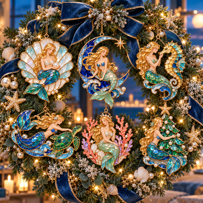 Ocean Enchantment – Vintage Stained-Glass Style Mermaid Christmas Ornaments, Set of 6