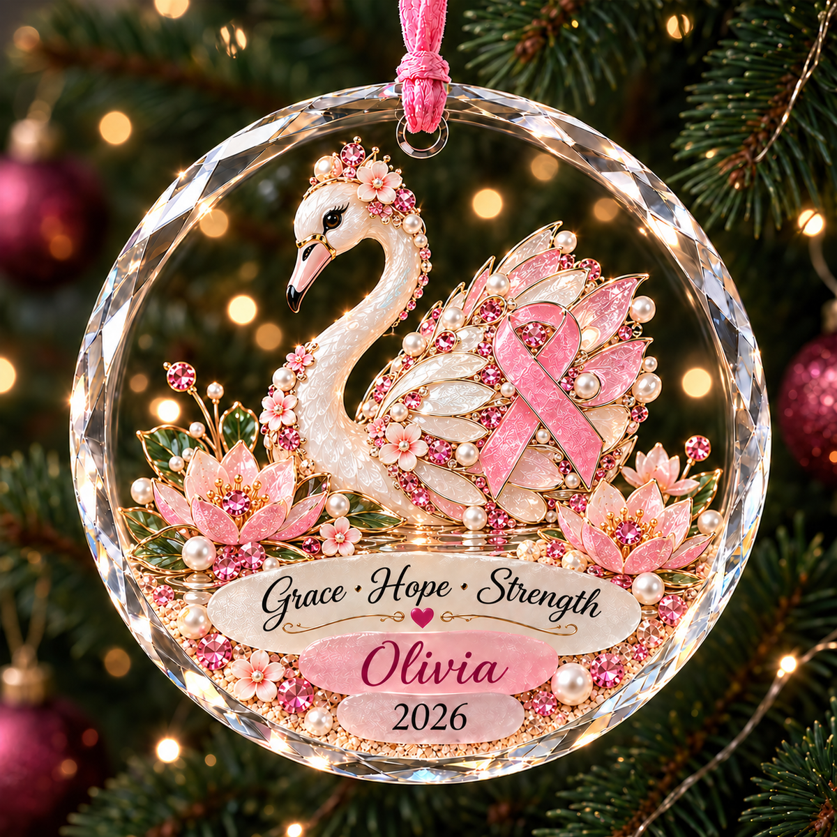 🎀 Personalized Pink Ribbon Animal Ornament