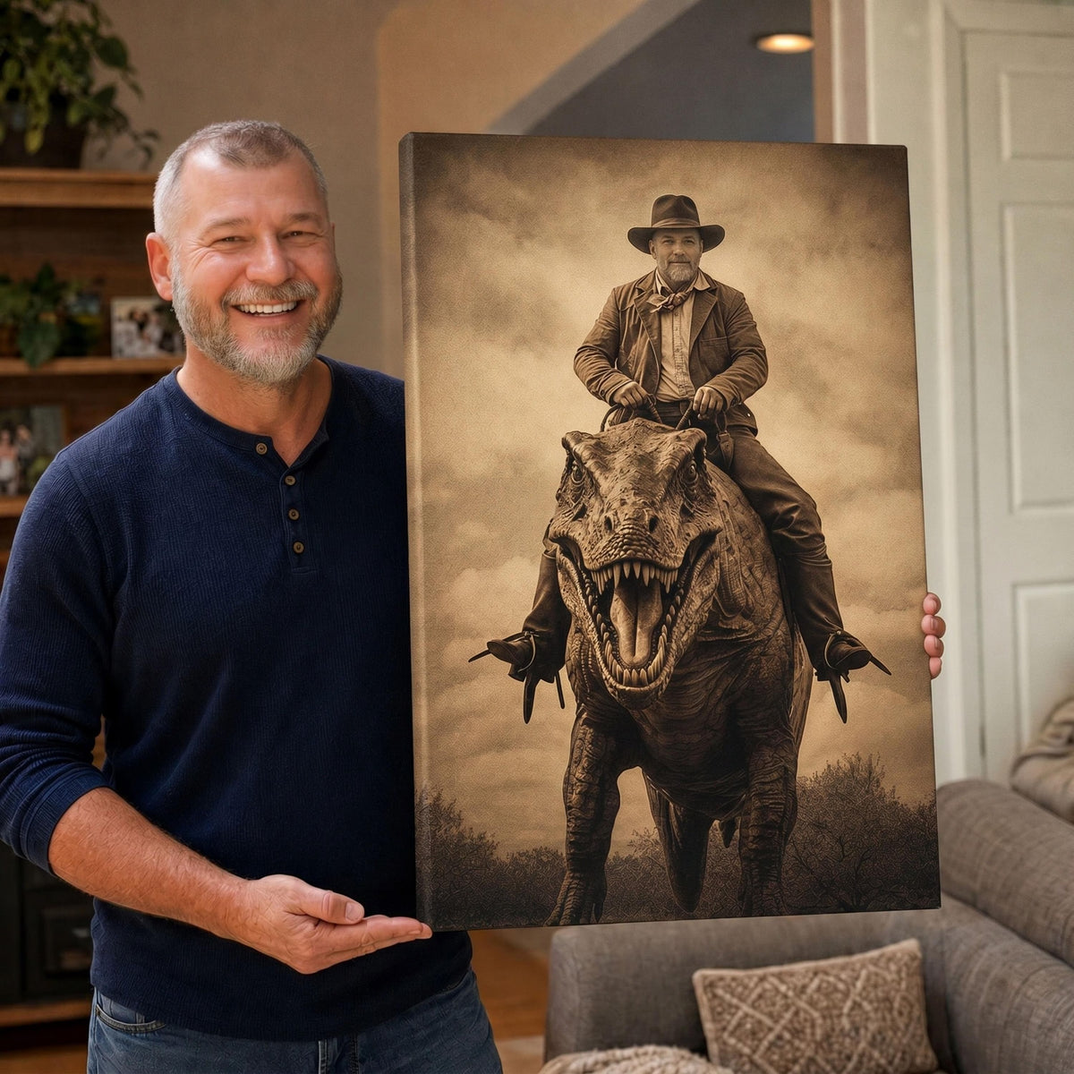 Custom Vintage Portrait: A Western Cowboy Riding a Dinosaur