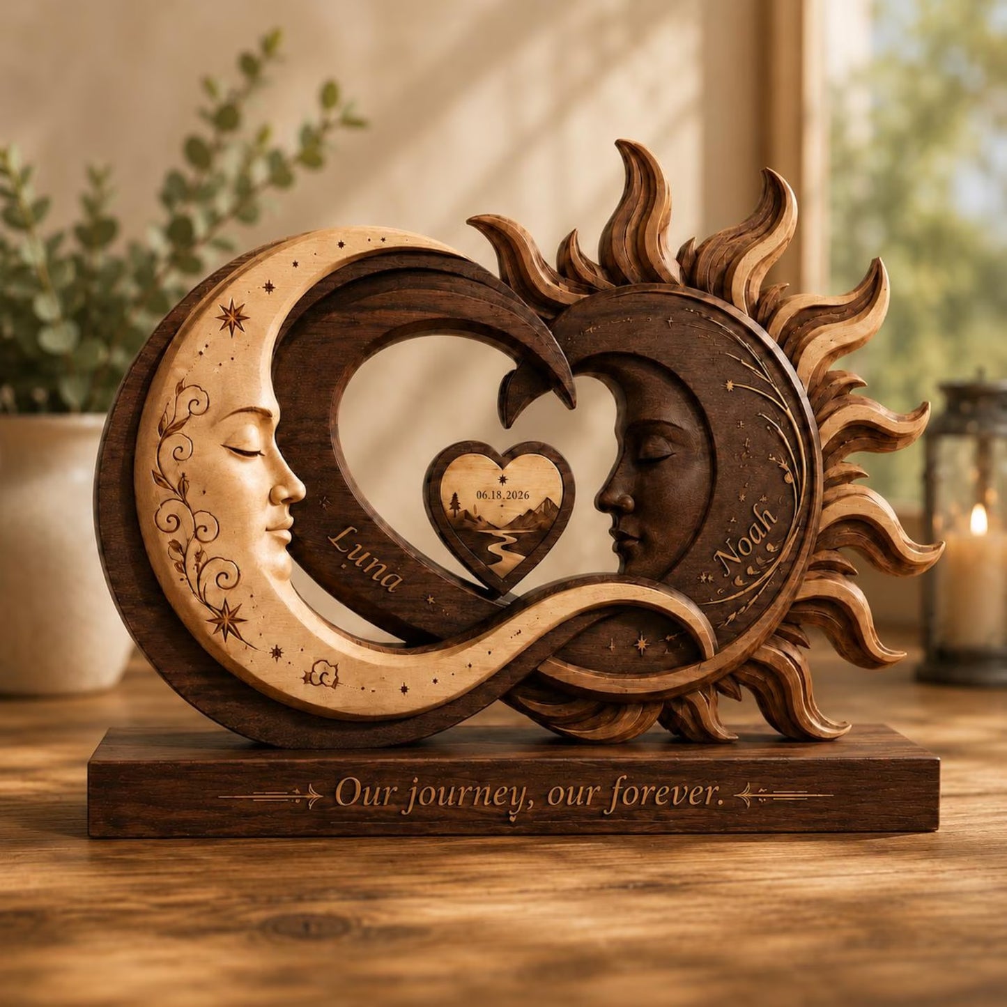 Personalized Sun & Moon Sculpture – Engraved with Your Names & Special Date