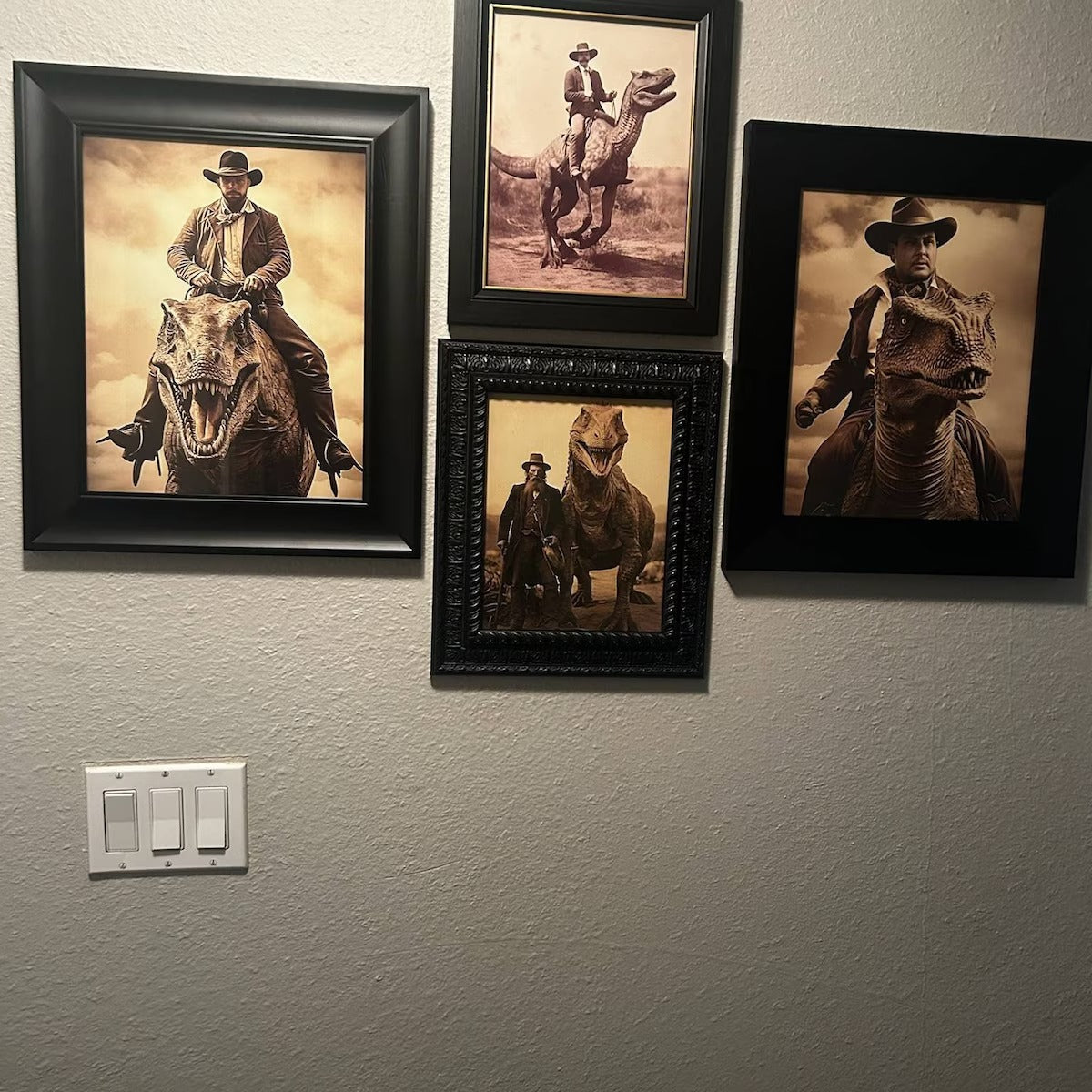 Custom Vintage Portrait: A Western Cowboy Riding a Dinosaur