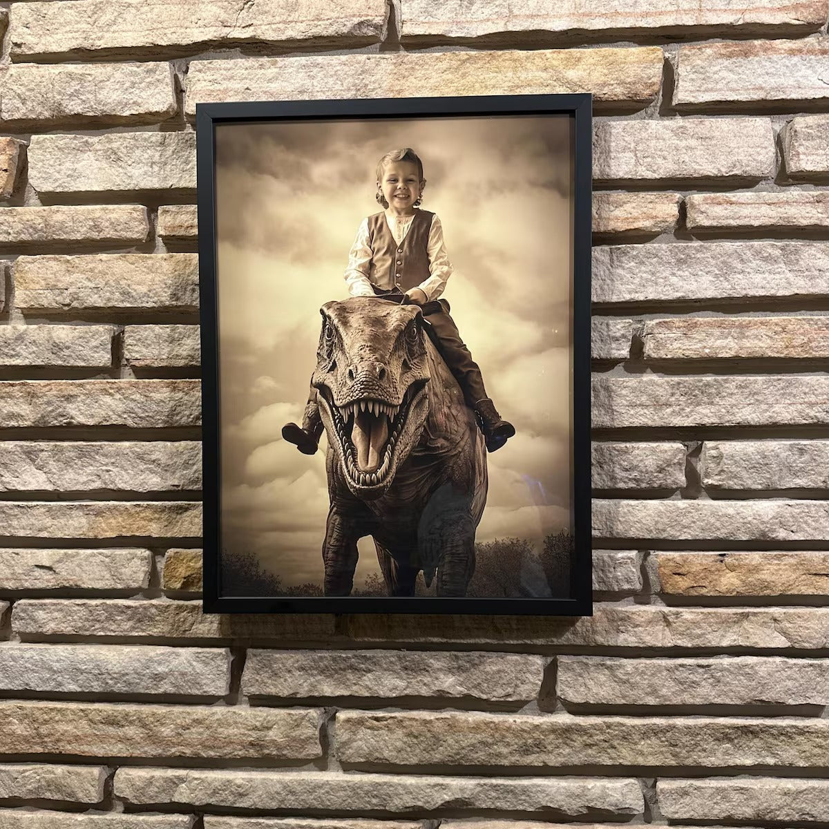Custom Vintage Portrait: A Western Cowboy Riding a Dinosaur