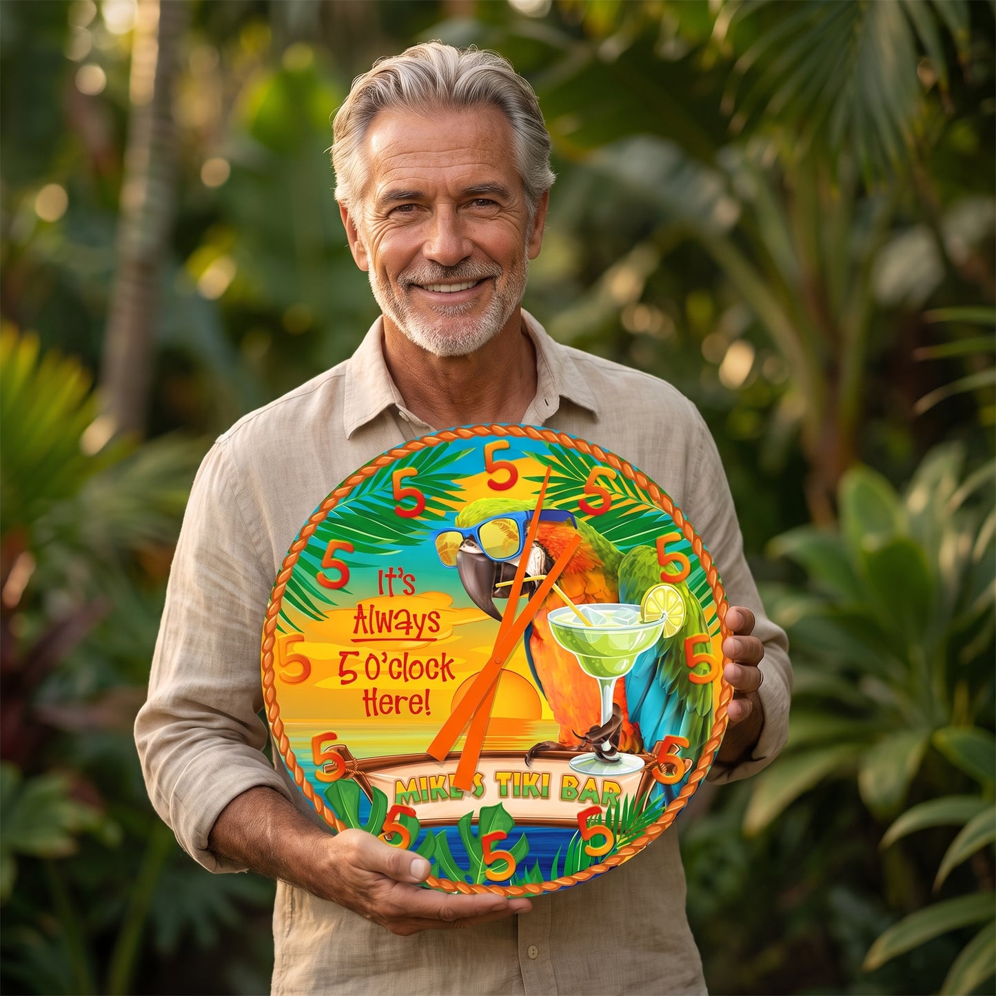 Personalized Handmade Beach Bar Parrot Clock: It's Aways 5 0'clock Here!