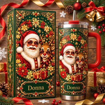 Personalized Vintage Santa & Reindeer Christmas Tumbler With Name