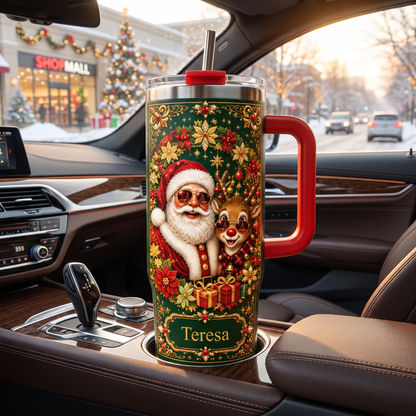Personalized Vintage Santa & Reindeer Christmas Tumbler With Name