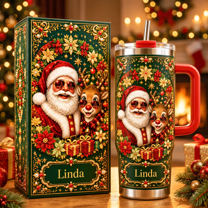 Personalized Vintage Santa & Reindeer Christmas Tumbler With Name