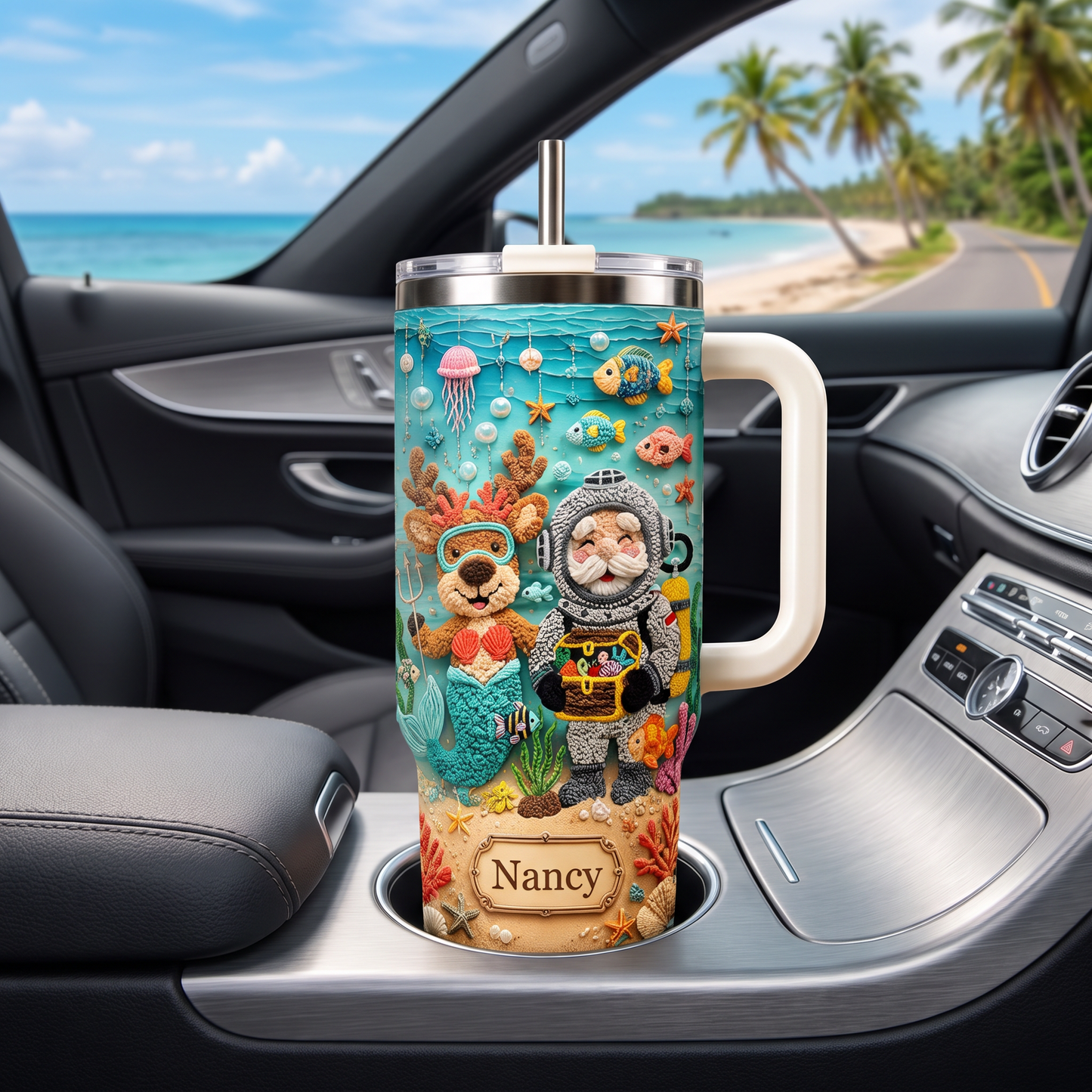 Personalized Beach Christmas Santa & Mermaid Reindeer Tumbler With Name