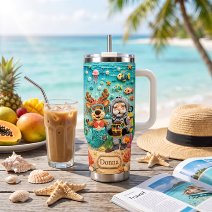Personalized Beach Christmas Santa & Mermaid Reindeer Tumbler With Name