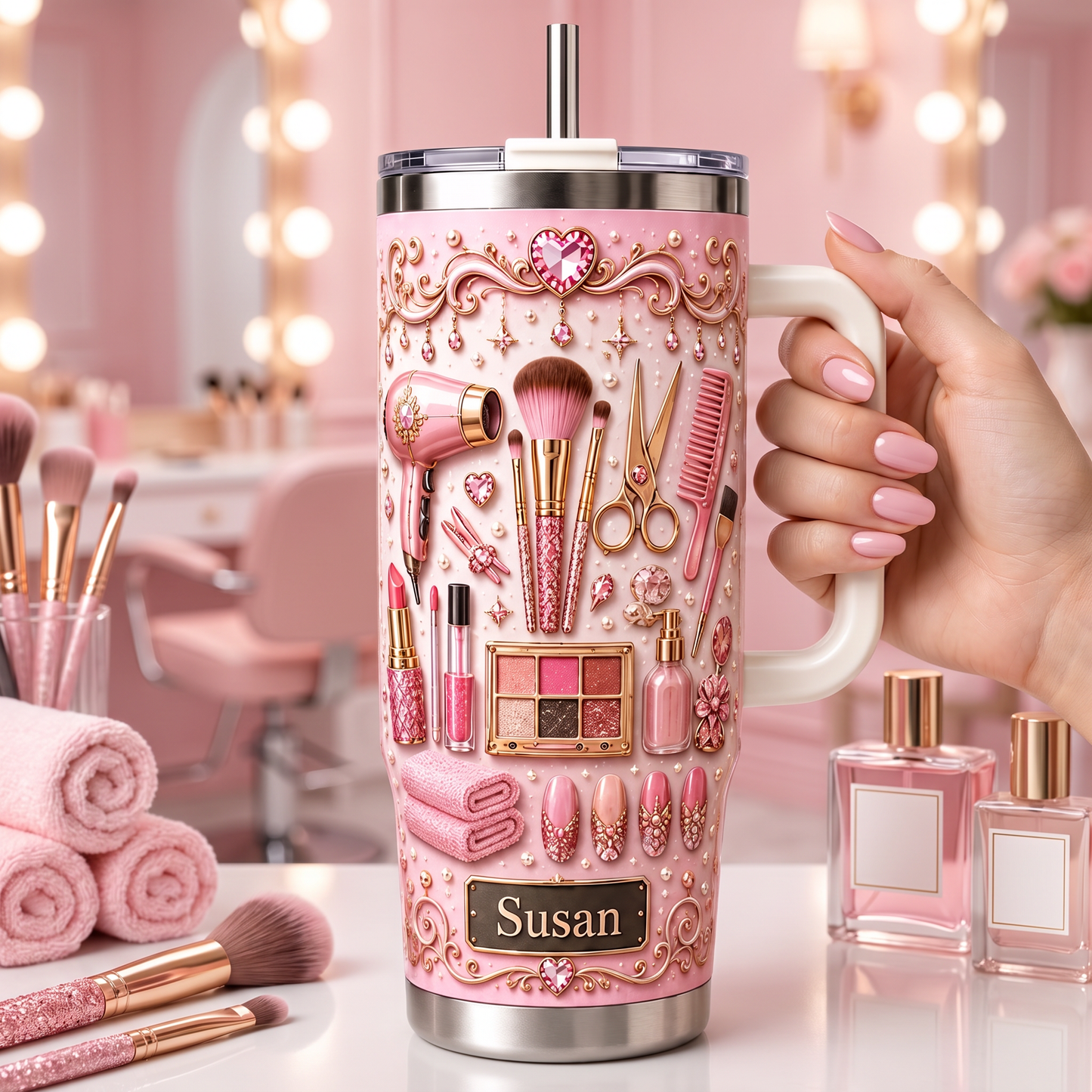 Personalized pink makeup-themed tumbler