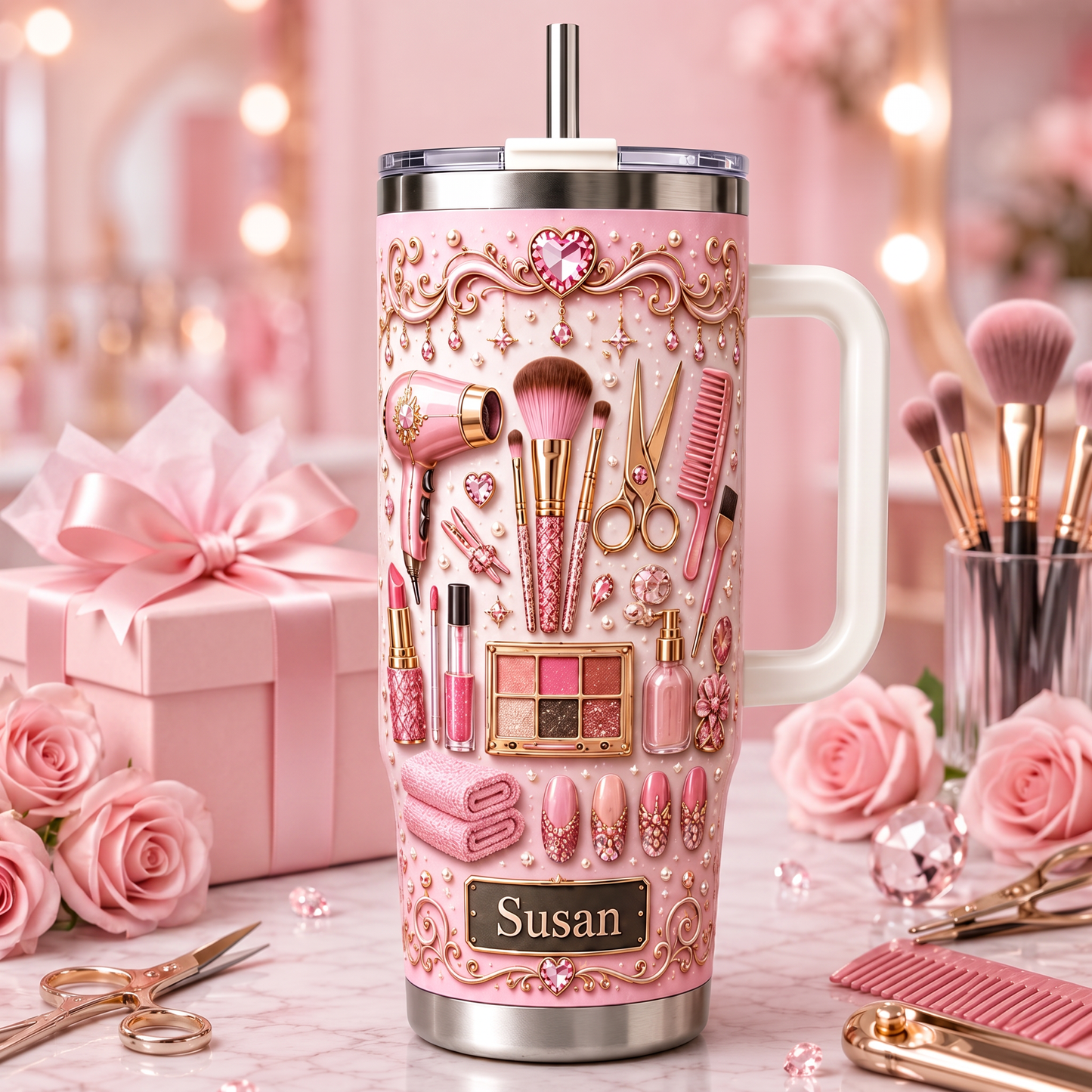 Personalized pink makeup-themed tumbler